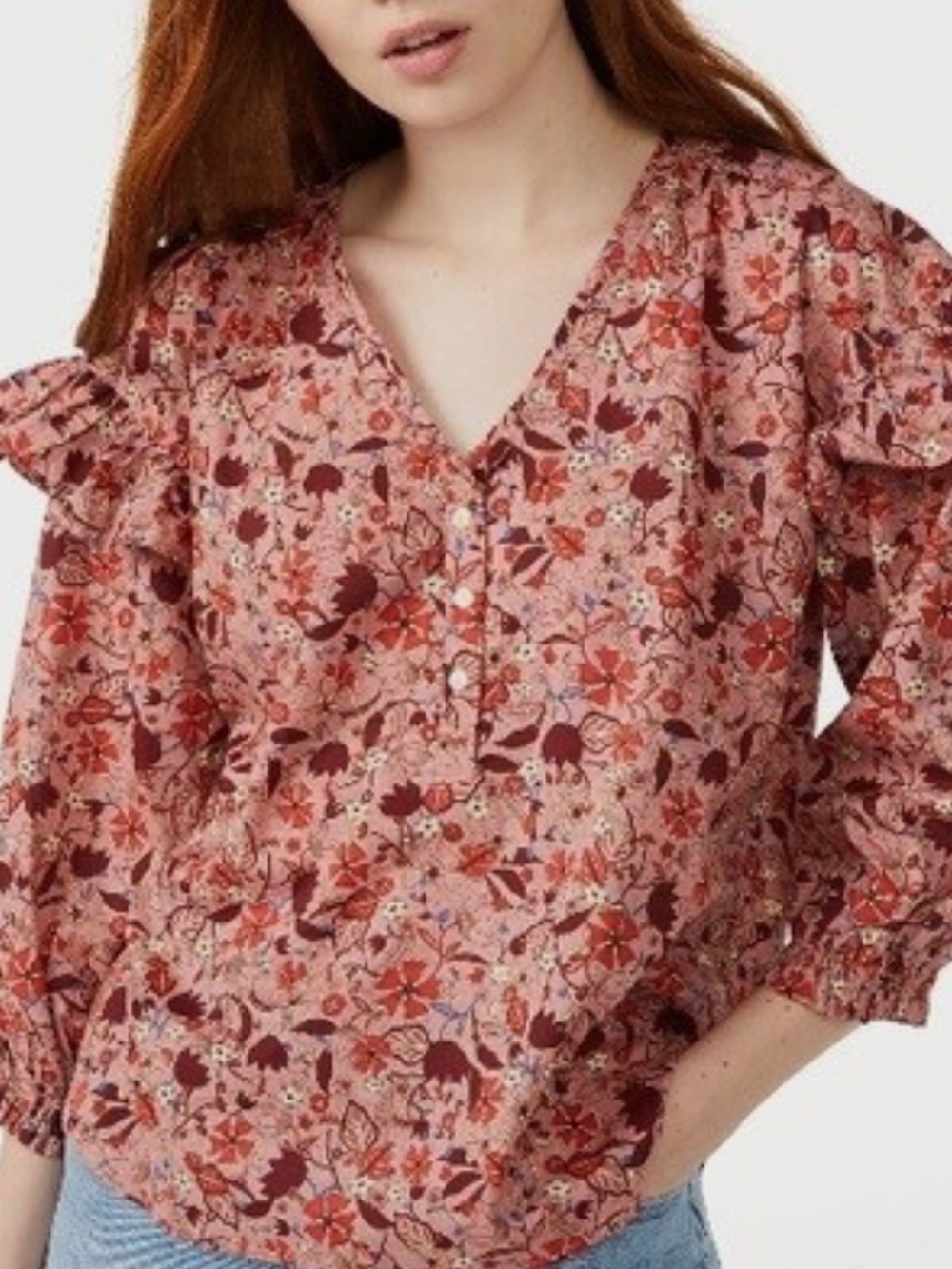 Boho cottagecore V-Neck Floral Blouse XL ruffle detail Pink Floral 100% cotton